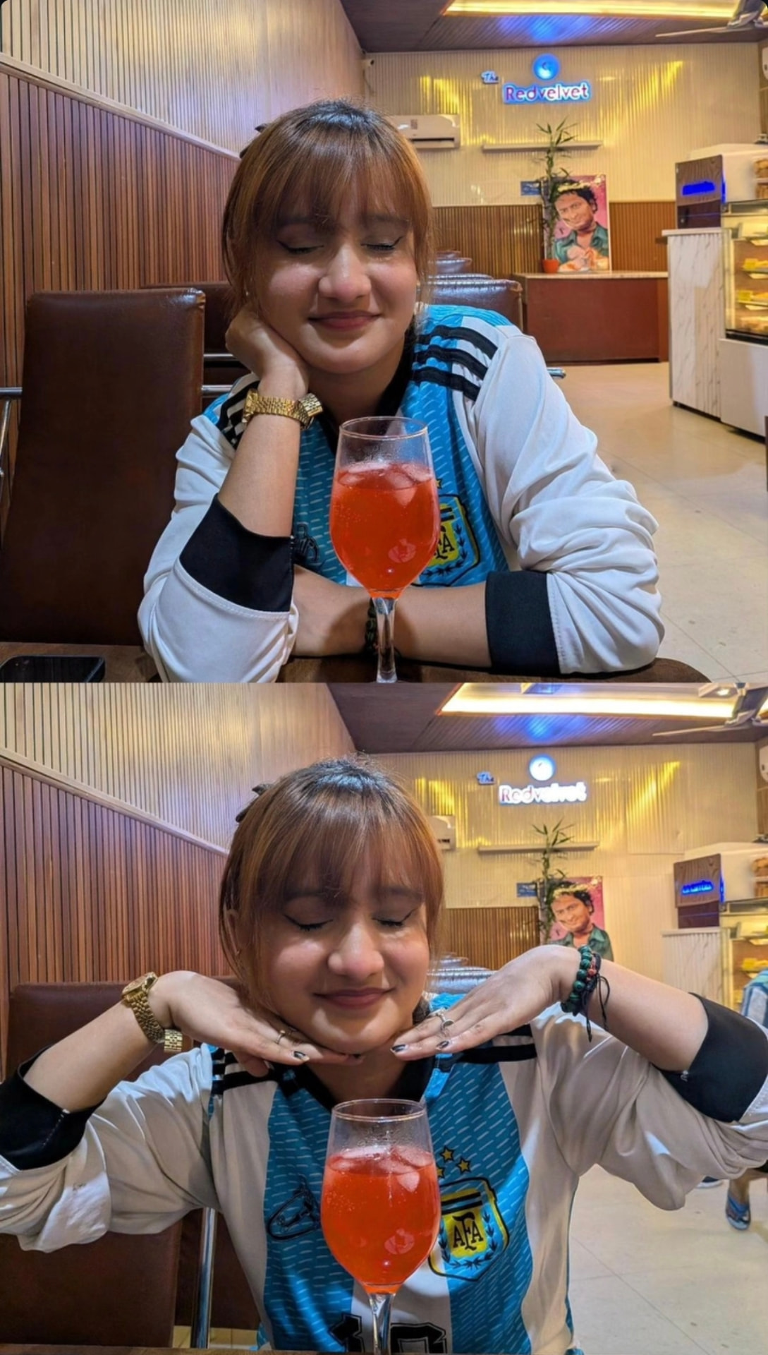 Richa in her Argentina jersey at a cafe